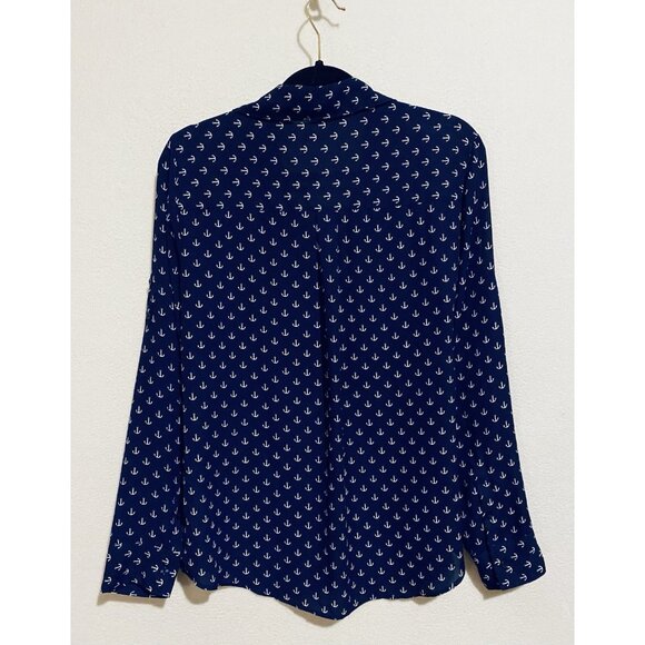 Express Top Womens Medium Navy Blue Anchor Print Portofino Nautical Flowy Boho - Picture 4 of 8
